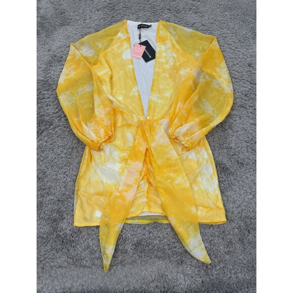 PrettyLittleThing Dress Womans 10 Yellow Chartreuse Tie Dye Chiffon Bodycon NWT - Picture 1 of 9